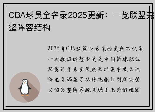 CBA球员全名录2025更新：一览联盟完整阵容结构